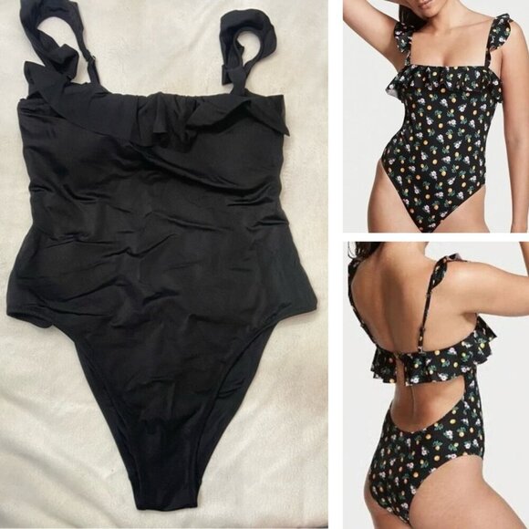 New! Victoria's Secret Black Smooth Ruffled Back Cut Out Swimsuit 3854 - Picture 1 of 7